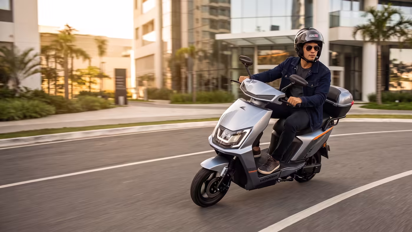 Jovem pilotando scooter elétrica pela cidade ao entardecer