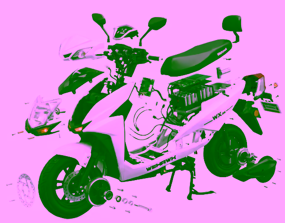 Vista explodida de uma scooter elétrica WeHawk, com todas as peças separadas