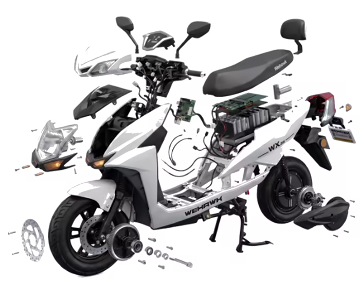 Vista explodida de uma scooter elétrica WeHawk, com todas as peças de reposição separadas