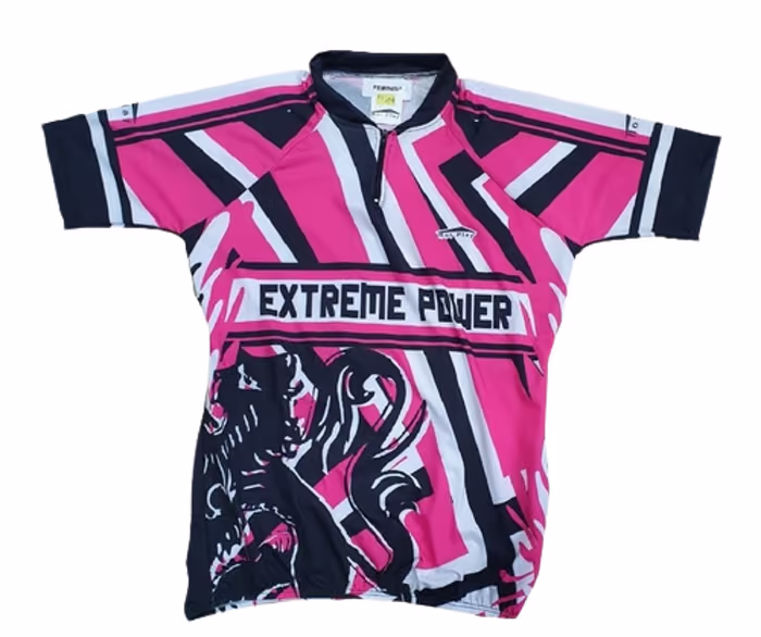 Camisa de ciclismo rosa e preta estampada