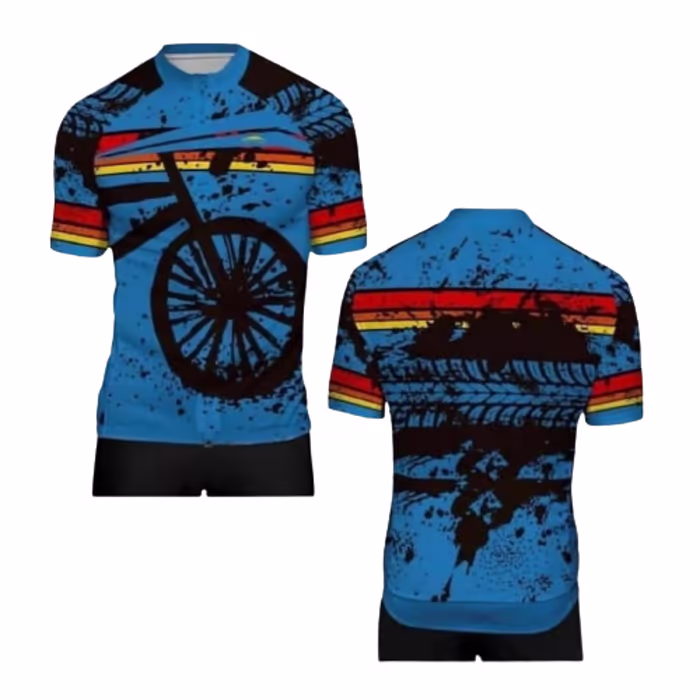 Conjunto de camisa e bermuda de ciclismo azul, frente e costas