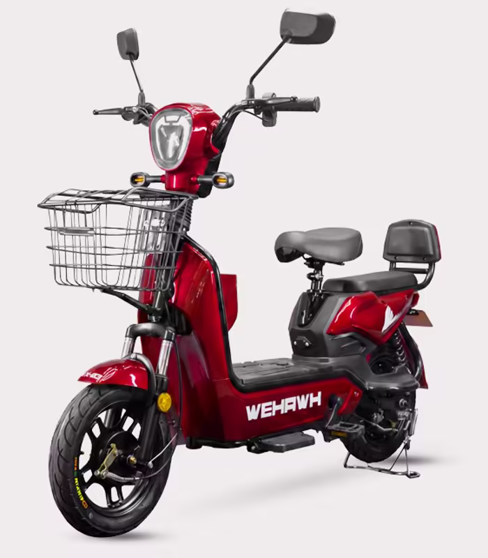 Scooter elétrica WeHawk vermelha com cesta dianteira