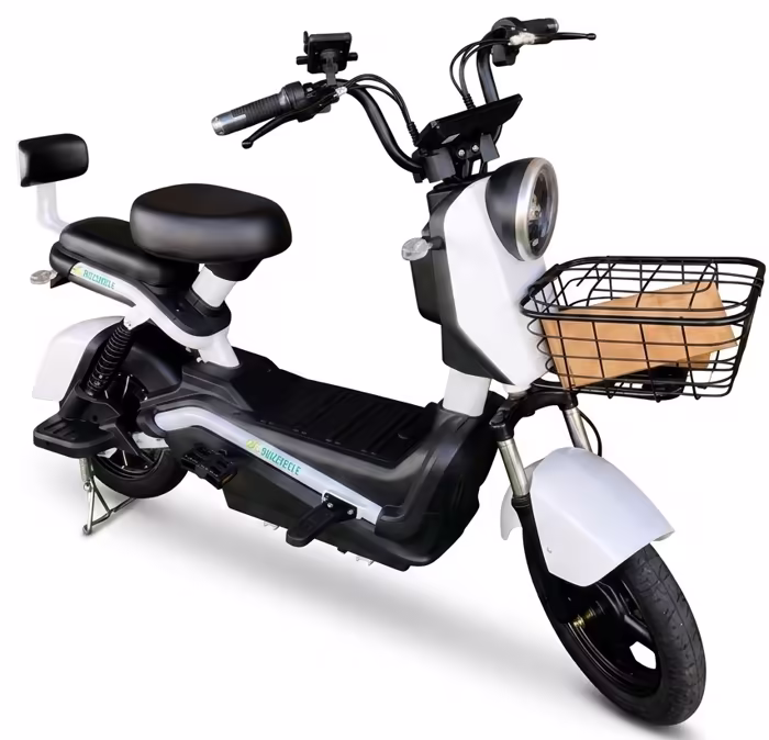 Scooter elétrica Voltzcycle Spark azul com cesta dianteira