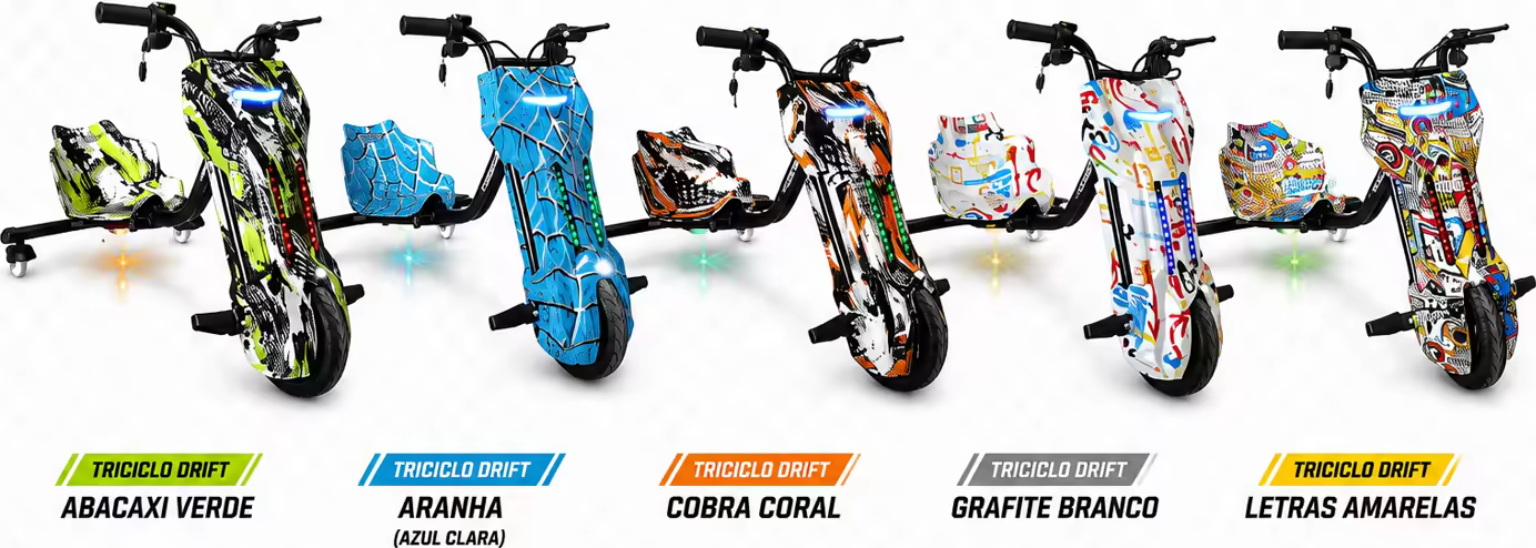 Os cinco modelos de Triciclo Drift lado a lado: Abacaxi Verde, Aranha, Cobra Coral, Grafite Branco e Letras Amarelas