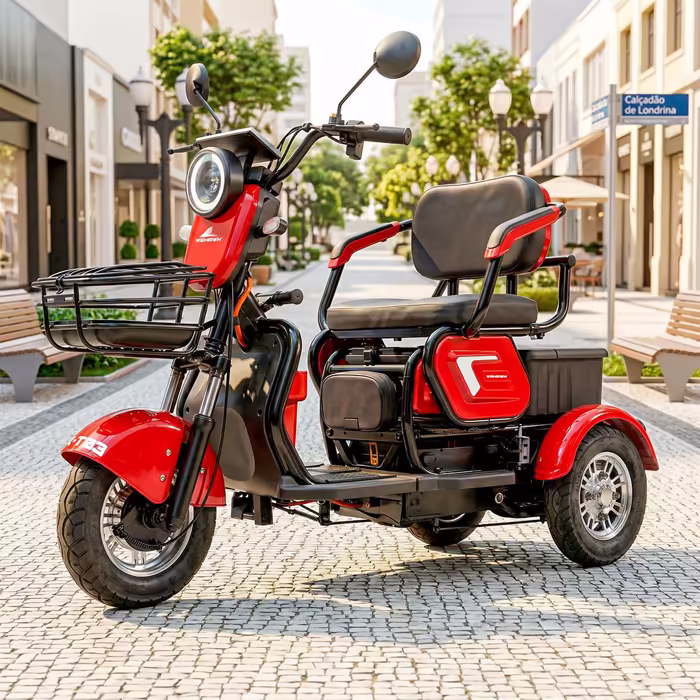 Triciclo elétrico WeHawk vermelho com cesta dianteira e banco duplo